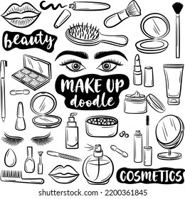 Hand drawn doodles makeup, beauty, cosmetics, isolated vector illustrations on white background.
