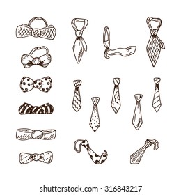 Hand drawn doodles Men's Accessories  Set Vector Neck ties   Bow Ties  