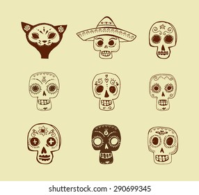 hand drawn doodles, mexican skull set, day of the dead