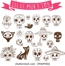 hand drawn doodles, mexican skull set, day of the dead