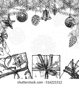 Hand drawn doodles of New Year illustration. Picture with New Year and Christmas theme items. Colorful detailed, with holiday objects background artwork. Place card for invitation text. Vector.