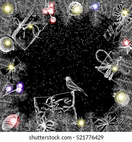 Hand drawn doodles of New Year illustration. Picture with New Year and Christmas theme items. Colorful detailed, with holiday objects background artwork. Place card for invitation text. Vector.