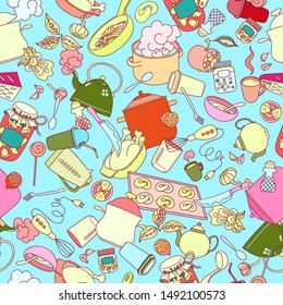 Hand drawn doodles objects food and utensils. Seamless texture.
