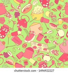 Hand drawn doodles objects food and utensils. Seamless texture.