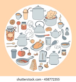 Hand drawn doodles objects food and utensils. Seamless texture.