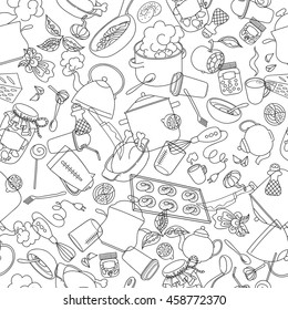Hand drawn doodles objects food and utensils. Seamless texture.