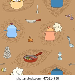 Hand drawn doodles objects food and utensils. Seamless texture.
