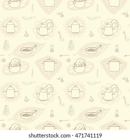 Hand drawn doodles objects food and utensils. Seamless texture.