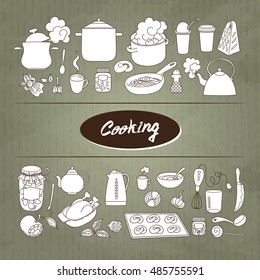 Hand drawn doodles objects food and utensils.