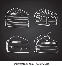 Hand drawn doodles of piece of cakes with cream, glaze, fondant, confiture and cherry. Vector illustration set. Desserts and sweets.  Cartoon sketch. Design elements for menus, signboards, showcases