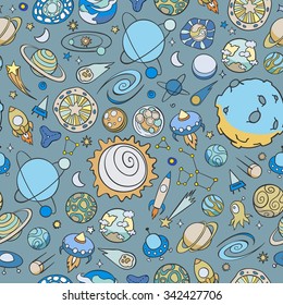 hand drawn doodles of planets ans space objects