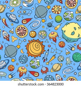 hand drawn doodles of planets ans space objects
