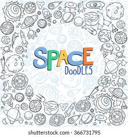 hand drawn doodles of planets ans space objects
