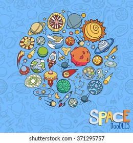 hand drawn doodles of planets ans space objects