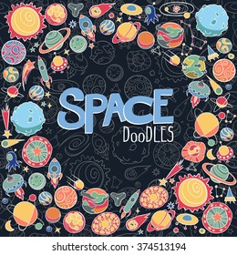 hand drawn doodles of planets ans space objects