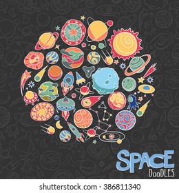 hand drawn doodles of planets ans space objects
