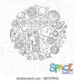 hand drawn doodles of planets ans space objects