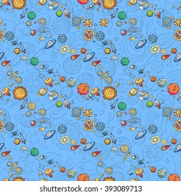 hand drawn doodles of planets ans space objects
