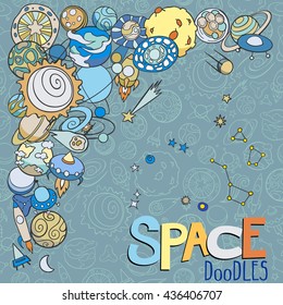 hand drawn doodles of planets ans space objects