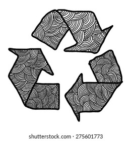 hand drawn doodles recycle sign filled in with wave pattern lines, vector illustration 