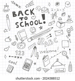 Hand drawn doodles with school elements, back to school at the beginning of the school year with paper background, stars