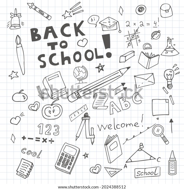 Hand\
drawn doodles with school elements, back to school at the beginning\
of the school year with paper background,\
stars