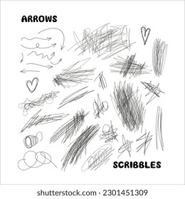 Hand drawn doodles, scribbles, arrows elements set. Vector textured brush strokes, stamp brushes. Childish scribbles and doodles, lines and shapes elements