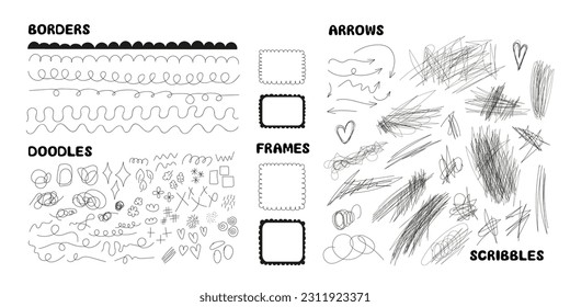 Hand drawn doodles, scribbles, borders, frames, arrows elements set. Vector textured brush strokes, stamp brushes. Childish scribbles and doodles, lines and shapes elements