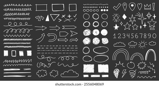 Hand drawn doodles, scribbles and sketch elements - arrows, lines, stars, shapes, clouds, circles, numbers and other symbols, dark background