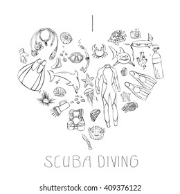 Hand drawn doodles of scuba diving equipment arranged in heart with message I love scuba diving.