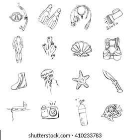 Hand drawn doodles of scuba diving equipment.