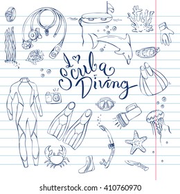 Hand drawn doodles of scuba diving equipment with message I love scuba diving.