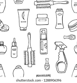 Hand drawn doodles seamless pattern of beauty products spray, comb, balm, oil, lotion in vector. Linear style, isolated EPS10