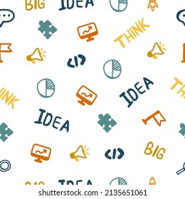 Hand drawn doodles seamless pattern background with business startup technology icon concept. Sketch Arrow, Laptop, Career,  Project, Idea, Infographic, Rocket cartoon vector illustration set.