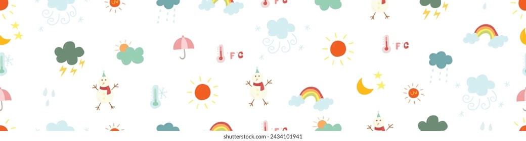 Dibujado a mano doodles patrón sin fisuras elementos de diseño vectorial conjunto de tormenta, soleado, lluvioso, ventoso, temperatura, luna, arco iris, sol, muñeco de nieve. Ilustración del concepto de elementos meteorológicos.