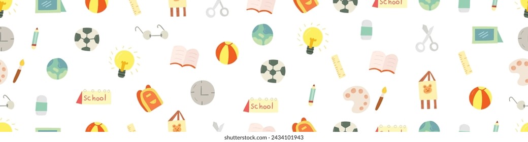 Hand drawn doodles seamless pattern vector design elements set of easel, eye glasses, football, light bulb, book, paint brush with palette, pencil, school bag. Back to school elements concept.