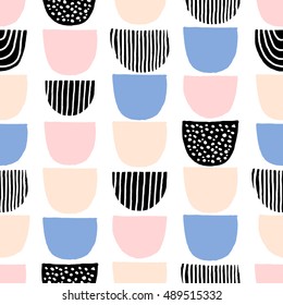 Hand drawn doodles seamless repeating pattern in black, blue, pink and white.