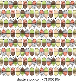 Hand drawn doodles seamless repeating pattern. Stripes, dots, waves. Colorful childish background