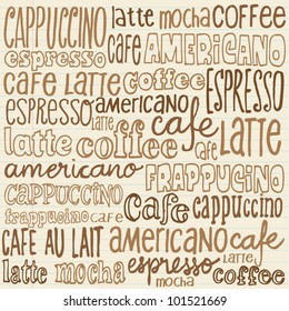 Doodles dibujados a mano conjunto de palabras de café