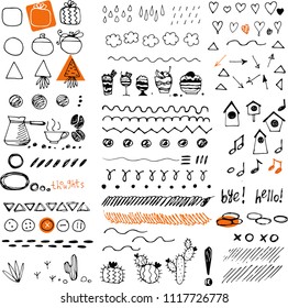 Hand drawn doodles set. Doodle arrows, hearts, scribble elements