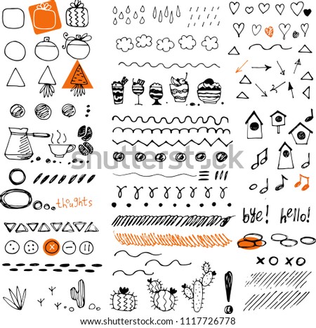 Hand drawn doodles set. Doodle arrows, hearts, scribble elements