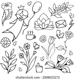 Hand drawn doodles set; set of flowers, leaves, branches, butterflies; girl wearing a crown with a balloon