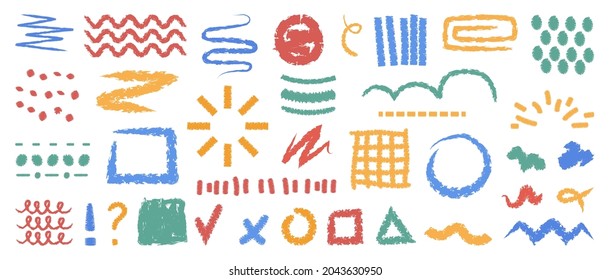 Hand drawn doodles set, isolated flat cartoon shapes, spots and blots, objects and shapes patterns. Vector waves and lines, done, cross and check marks, squares and exclamation, question sign