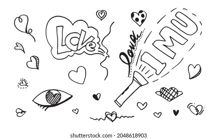 hand drawn doodles set for Valentine's Day. collection of beautiful hearts and writings Love. Vector illustration.