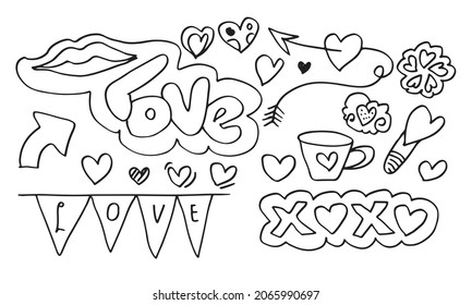 handgezeichnete Doodles zum Valentinstag. Sammlung von schönen Herzen und Schriften Liebe. Vektorgrafik.