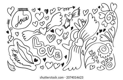 doodles dibujados a mano para el Día de San Valentín. colección de hermosos corazones y escritos Amor. Ilustración vectorial.