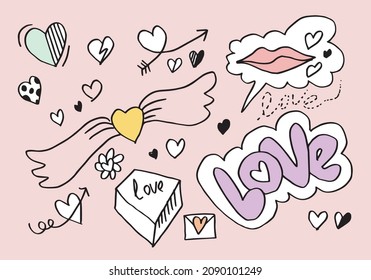 hand drawn doodles set for Valentine's Day. collection of beautiful hearts and writings Love on pink background. Vector illustration.