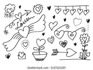 hand drawn doodles set for Valentine's Day. collection of beautiful hearts and writings Love on pink background. Vector illustration.