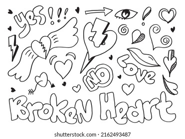 hand drawn doodles set for Valentine's Day. collection of beautiful hearts and writings Love and broken heart on white background. Vector illustration.