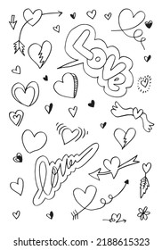 hand drawn doodles set for Valentine's Day. collection of beautiful hearts and writings Love on white background. Vector illustration.